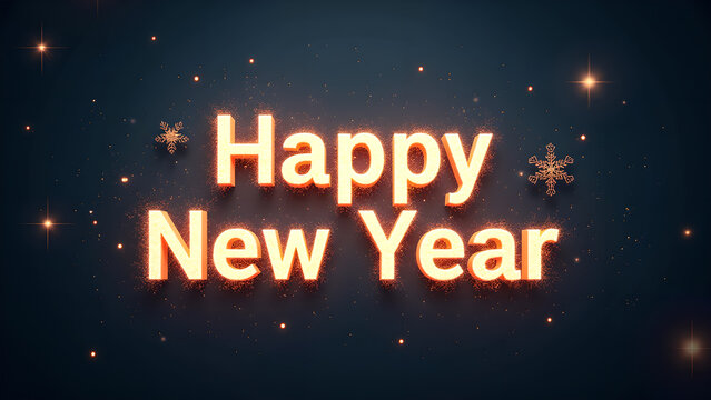 Happy New Year golden text with snowflakes and glowing lights. Concept of celebration and new beginnings.