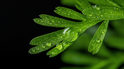 Fototapeta premium Close-up of a dewy green leaf against a black background.