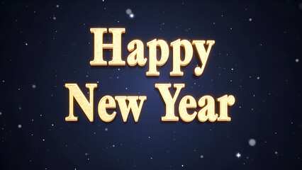 Happy New Year golden text on dark blue background with snow. Concept of celebration and new beginning.