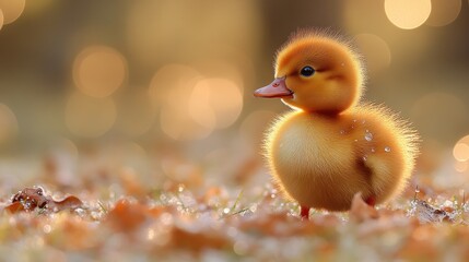 Adorable fluffy duckling in autumn leaves.
