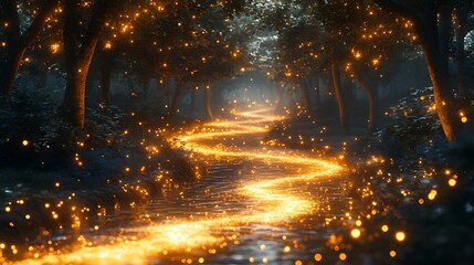 Magical glowing path winding through an enchanted forest at night.