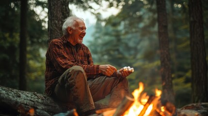 happy senior man roasting marshmallows by campfire