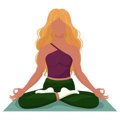 A woman meditating in the lotus position. Yoga classes. Concept health lifestyle. Character meditating on mat. Vector illustration