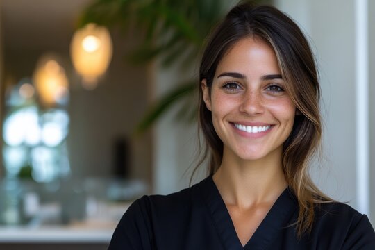 A smiling young woman stands in a black uniform, radiating warmth and professionalism in a contemporary spa atmosphere, inviting clients to experience skincare excellence.