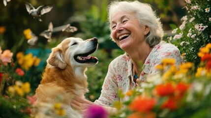 happy senior woman with golden retriever in flower garden