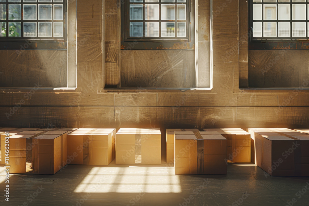 Poster sunlight illuminates cardboard boxes stacked in a spacious room with large windows during the aftern