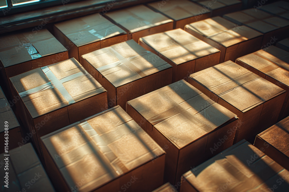 Poster boxes arranged neatly in a warehouse with soft sunlight illuminating the space during the afternoon.