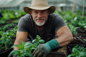 A joyful gardener kneels among lush green seedlings, demonstrating a passion for horticulture and the nurturing relationship between humans and nature in a vibrant atmosphere.