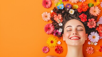 Smiling woman with flowers all around