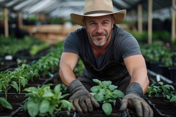 A cheerful gardener smiles while working among flourishing plants, exhibiting enthusiasm for nature and the fulfilling aspects of nurturing life through gardening and care.