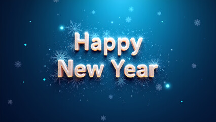 Happy New Year Greeting with Snowflakes and Glitter on Blue Background. Concept of Celebration and New Beginnings.