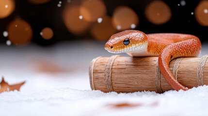 Fototapeta premium 2025 snake chinese happy new year and snow concept. snake curled around traditional drum in snowy landscape, creating serene atmosphere