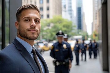 A confident man in a tailored suit poses in an urban setting, with police officers softly blurred...