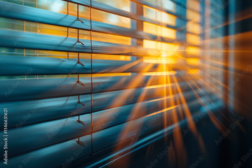 Aufkleber sunlight streams through window blinds, casting warm rays on the room as day breaks. generative ai
