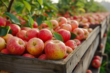 Freshly harvested apples in wooden crates during a sunny autumn afternoon in an orchard. Generative AI