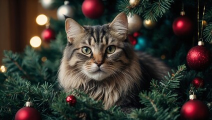 Obraz premium Cat on the Christmas tree