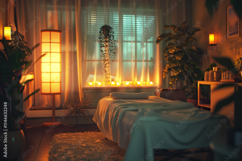 Poster relaxing spa room with candles and soft lighting creating a tranquil atmosphere for wellness and rej