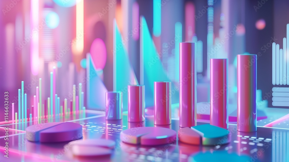 Poster dynamic 3d visualization of bar charts and pie graphs on a digital dashboard, illustrating business 