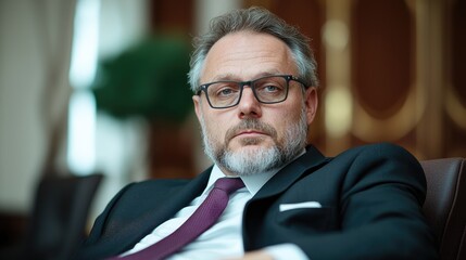 Portrait of a serious middle-aged businessman in a suit and tie, sitting in a leather chair.