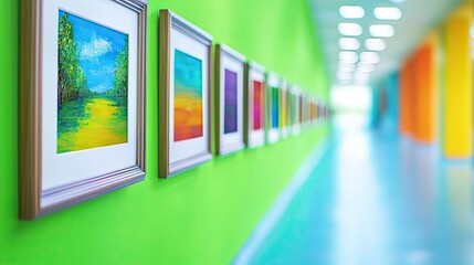 Colorful paintings hanging in a vibrant art gallery corridor