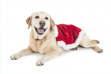 Full body shot of Labrador Retriever dog, lying down, smiling. Wearing Christmas costume.