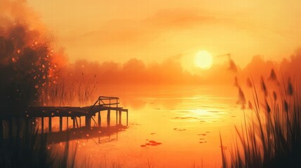 Fototapeta premium serene sunset over calm lake with old dock