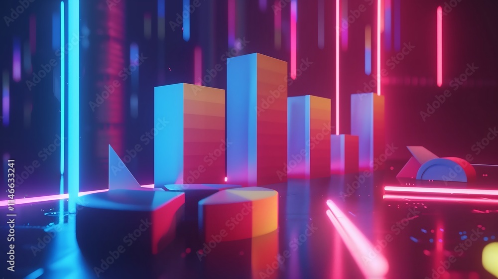 Poster dynamic 3d visualization of bar charts and pie graphs on a digital dashboard, illustrating business 