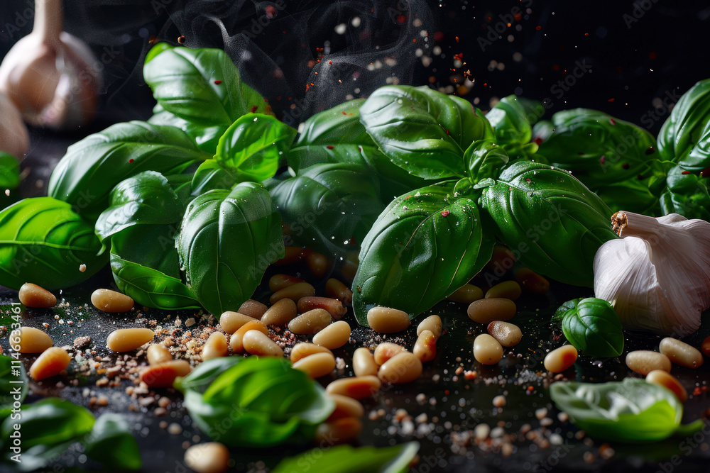 Poster fresh basil leaves and garlic with pine nuts create a flavorful backdrop in a rustic kitchen setting