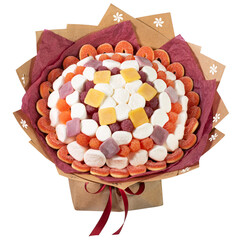 Candy Bouquet with Marshmallows and Jelly Sweets, isolated on white background