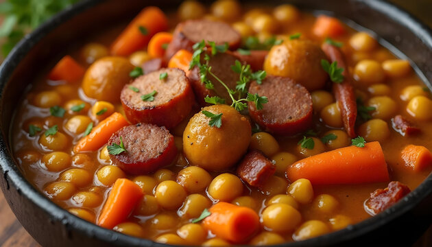 Potaje de garbanzos y carne con verduras. Cazuela de legumbres. Receta espa&ntilde;ola