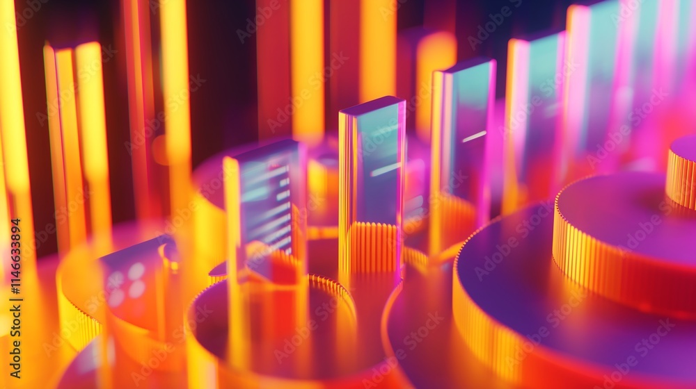 Poster dynamic 3d visualization of bar charts and pie graphs on a digital dashboard, illustrating business 