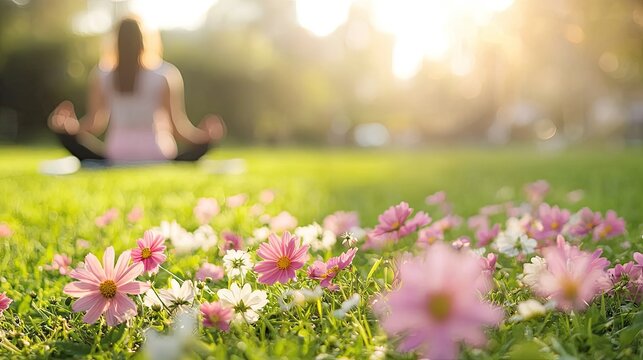 Woman meditating in a blooming spring meadow at sunset - Powered by Adobe
