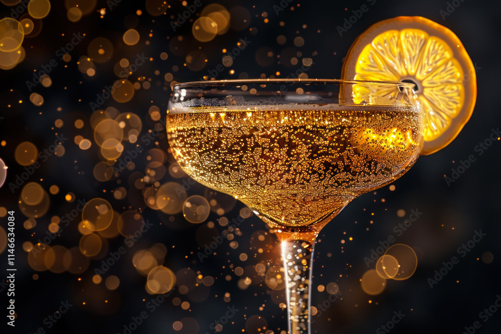 Poster sparkling cocktail with citrus garnish against a festive backdrop of warm bokeh lights. generative a
