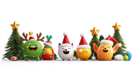 Fototapeta premium Playful Cartoon Characters in Christmas Hats Surrounded by Festive Trees and Ornaments