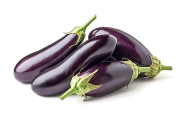 A cluster of fresh purple eggplants with their stems, cleanly isolated on white