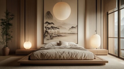 Serene minimalist bedroom with wooden platform bed, Asian-inspired art, and soft lighting.