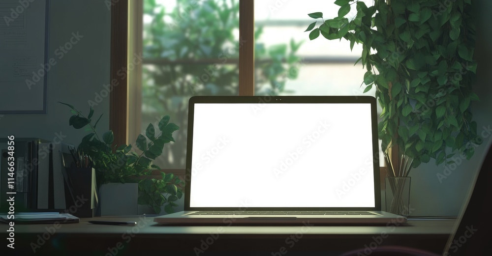Poster a laptop with a white screen on a desk, with an open window and green plants behind it. warm lightin