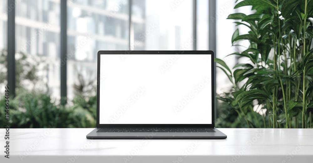 Poster a blank white screen of an open laptop placed on a table in front view, surrounded by green plants, 