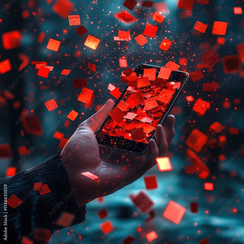 Poster a hand holds a smartphone surrounded by floating red squares, creating a dynamic and vibrant digital