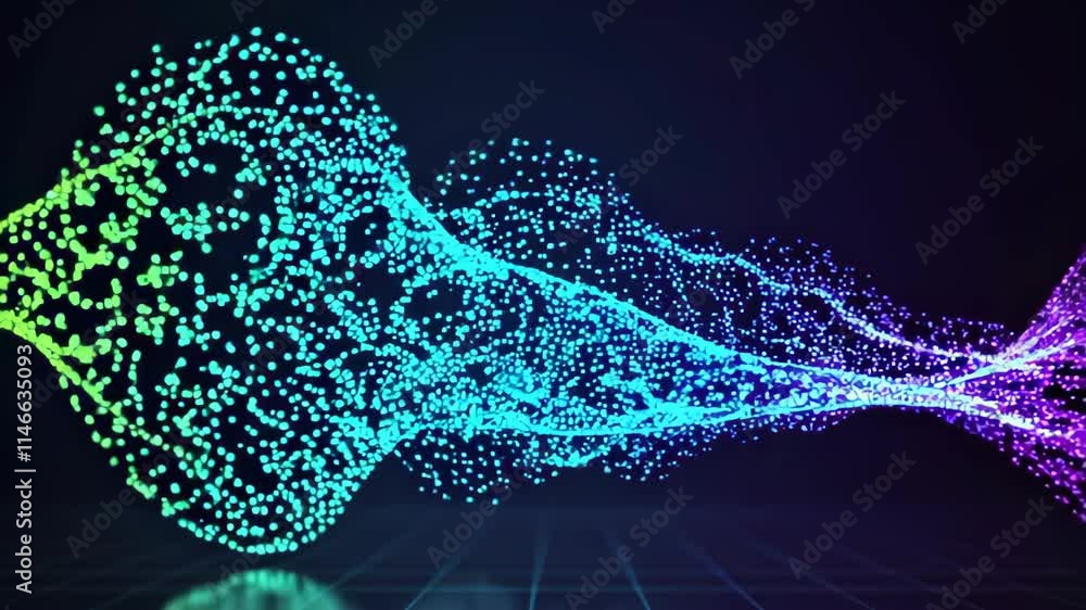 Poster colorful abstract animation displaying dynamic flowing particles in a dark background environment