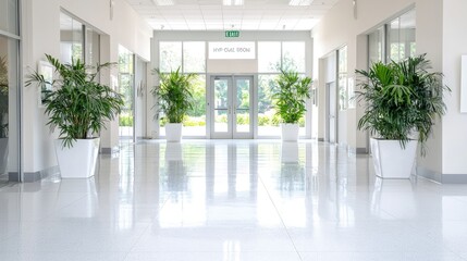 Fototapeta premium Bright modern hallway with plants and exit.