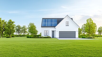 Obraz premium A modern, generic smart home featuring a solar panel rooftop system for renewable energy concepts, depicted as a wide banner with copyspace.