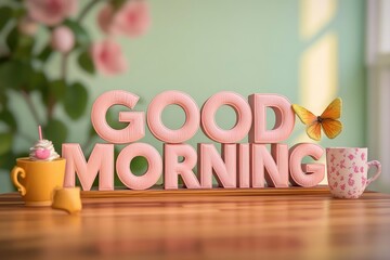 Text "GOOD MORNING" , 3d rendering , mockup photoshop & style photo shop