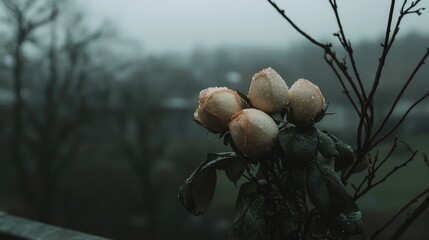 Pale roses with rain droplets on a foggy day.