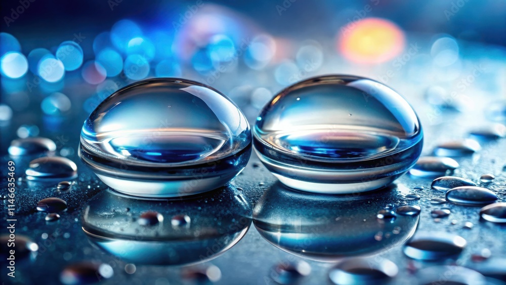 Poster Two Large Water Droplets Resting on a Surface with Smaller Droplets Surrounding Them, Creating an Abstract and Dreamy Effect with Blue and Orange Hues in the Background.