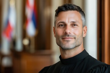 Obraz premium A confident male judge stands in a courtroom with a pleasant smile, embodying the principles of justice, authority, and approachability in the legal profession, representing fairness.