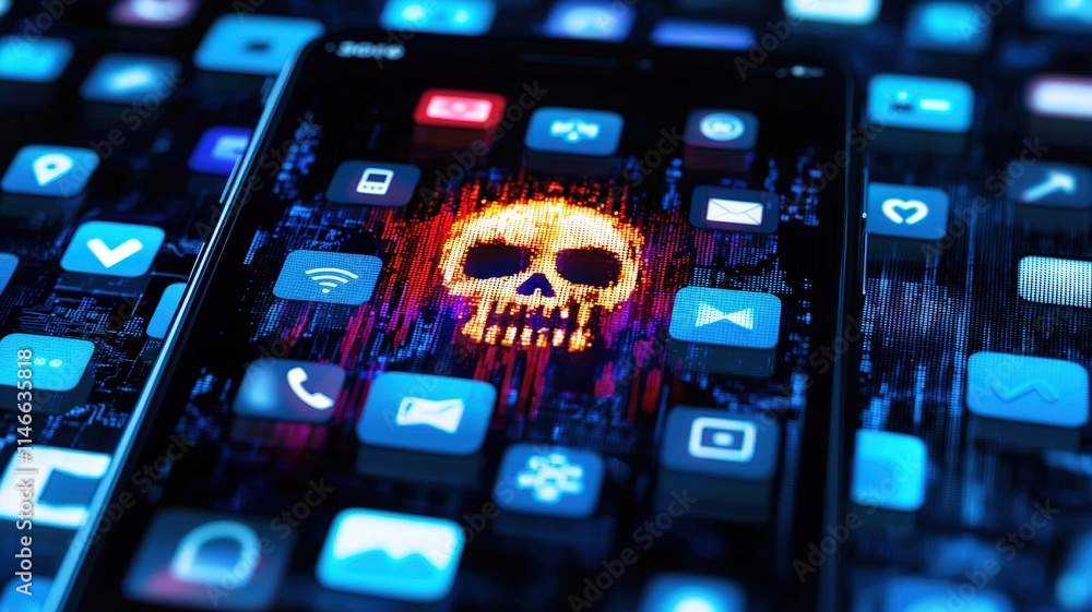 Poster hacked smartphone with a glowing skull symbol displayed on the screen.