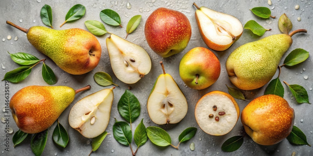 Poster a collection of ripe pears with sliced and whole variations, decorated with fresh green leaves on a 