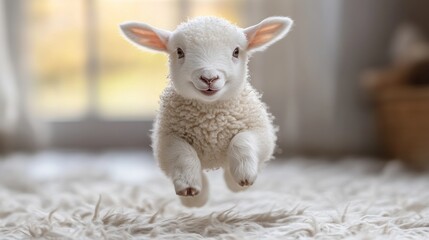 Fototapeta premium Adorable lamb leaping mid-air.