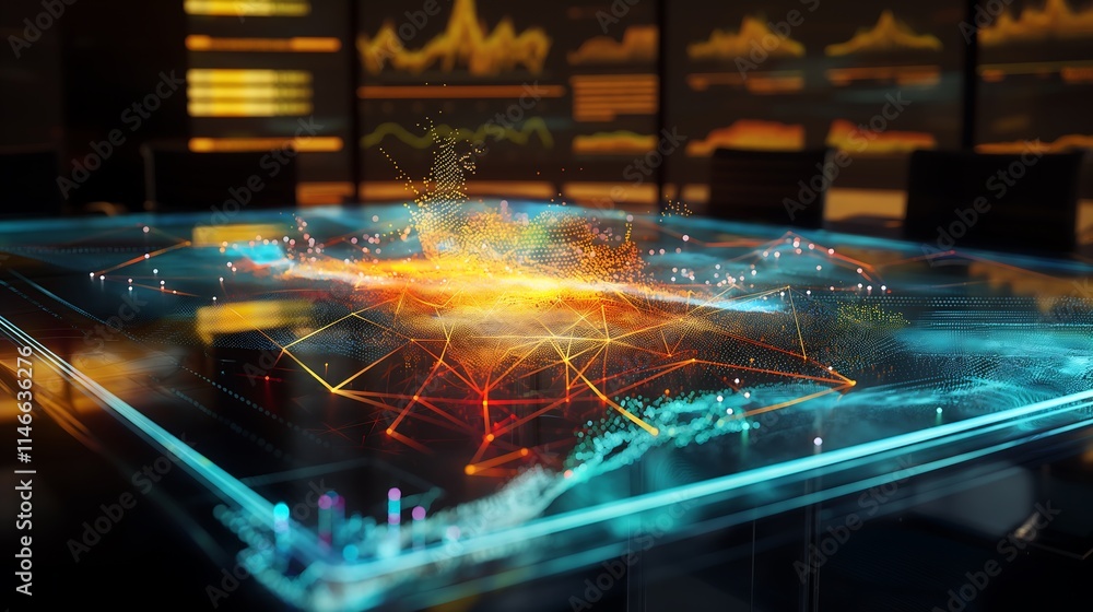 Poster holographic display of global sales data with interconnected nodes and dynamic charts over a corpora